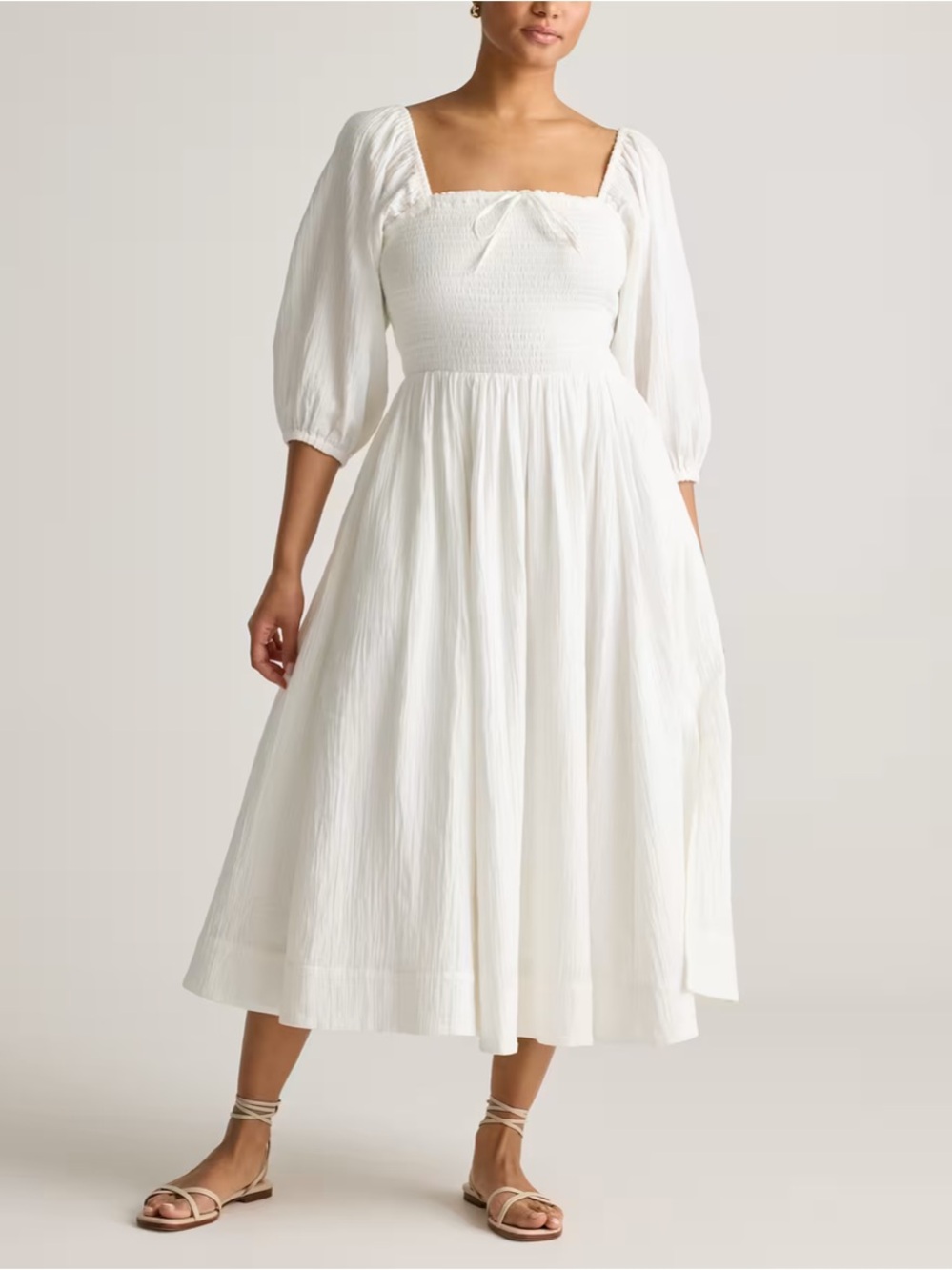Quince 100% Organic Cotton Gauze Smocked Square Neck Midi Dress